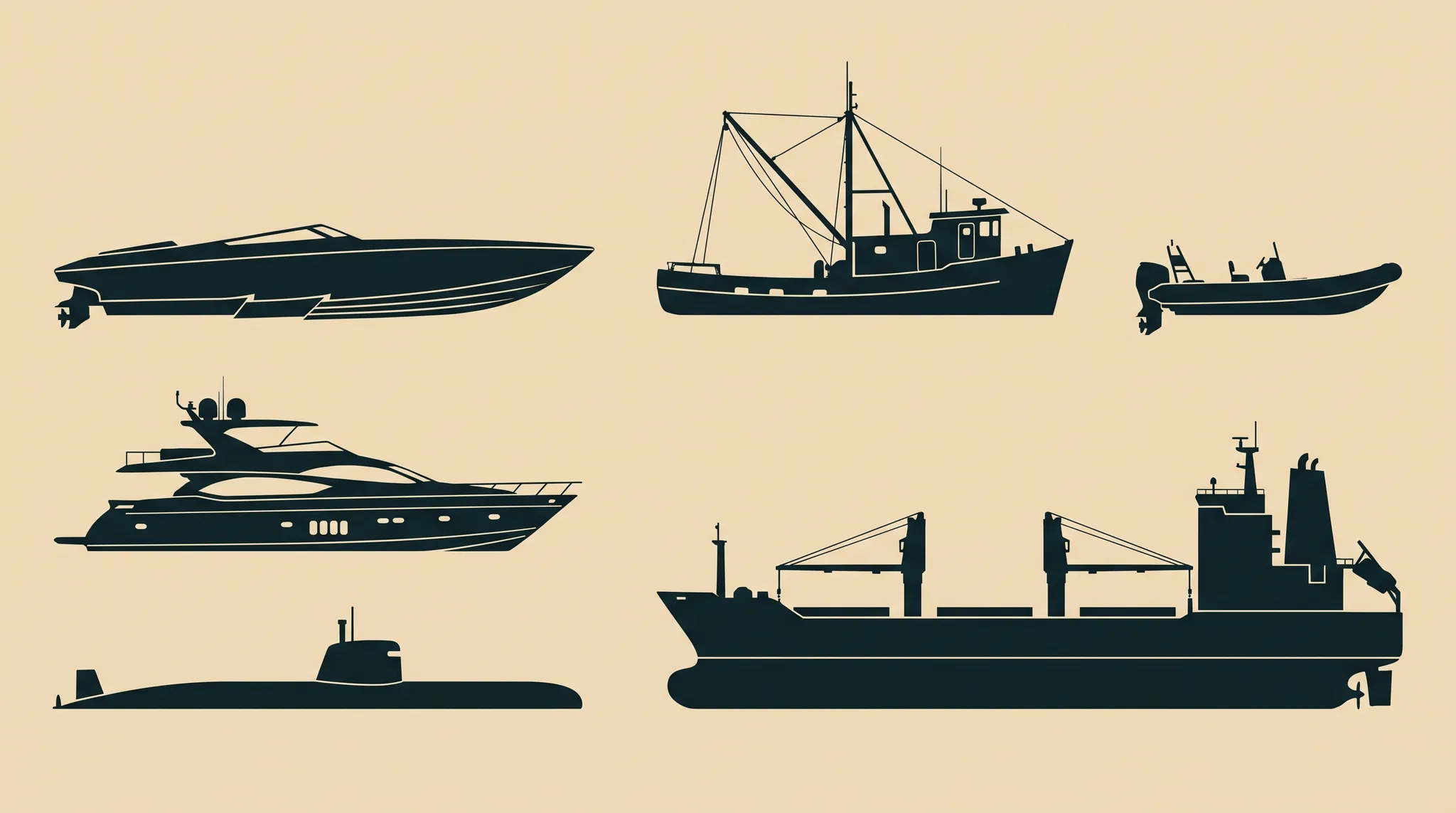 Silhouette study of six hull types: a go-fast, a fishing trawler, a rigid inflatable, a motor yacht, a semi-submersible and a cargo freighter.