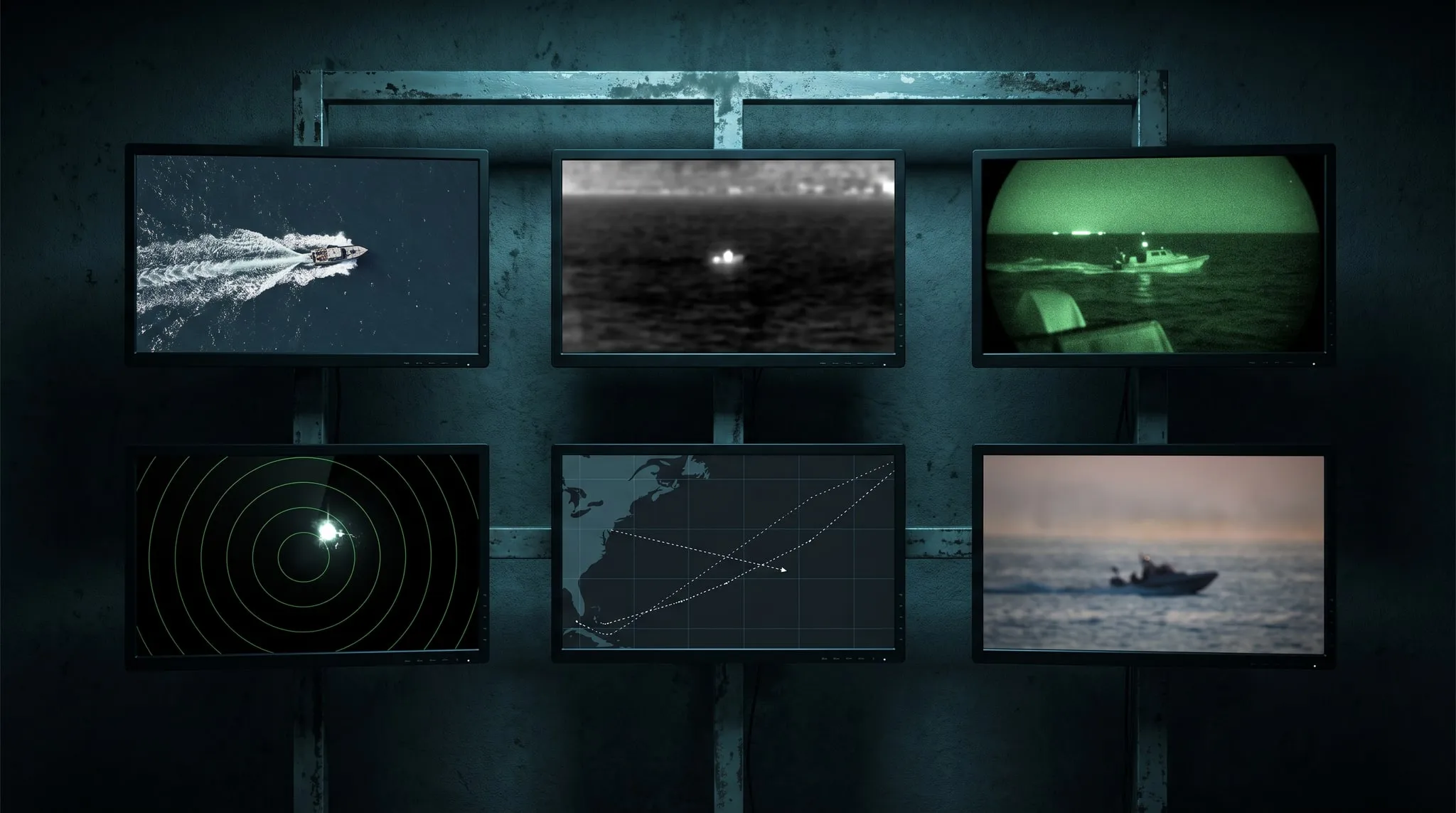 Six surveillance feeds of the same small boat, shown as satellite, thermal, night vision, radar, track history and long lens photography.